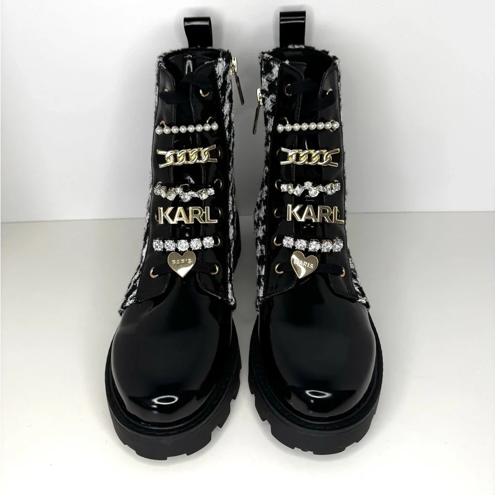 New Karl Lagerfeld Mela Tweed Black/White Combat Boots - Picture 12 of 12
